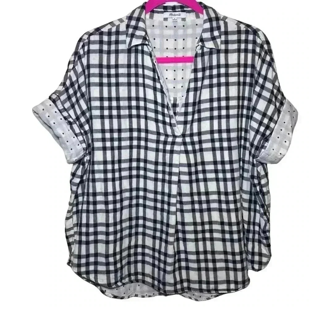 Madewell Black Cream Gingham Polka Dot Button-Down Back Tunic Size Medium - Picture 2 of 10